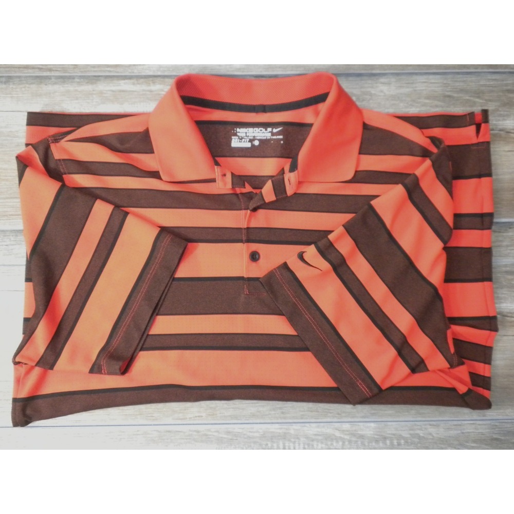 Nike Golf Polo Shirt Mens L Orange Black Tour Performance Dri-Fit Striped VTG